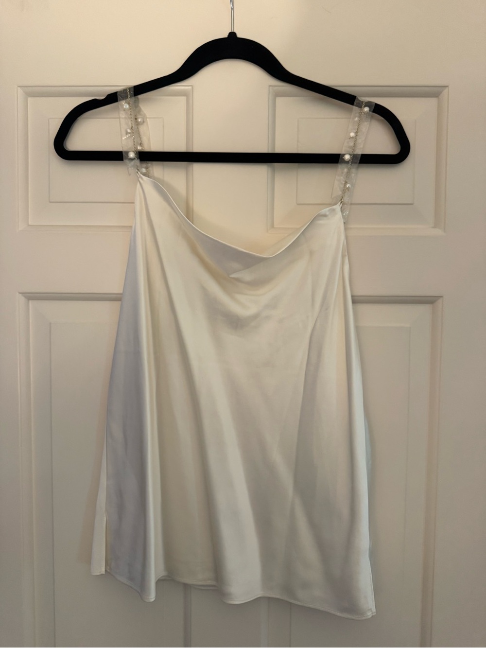 CAMI NYC Satin Cowl Neck Camisole Top with Pearl Straps - White